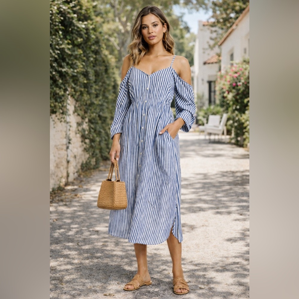 Bardot Paloma Blue White Stripe Cold Shoulder Dress Size 8 M Button Front NWT